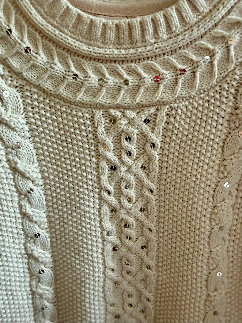 GAP Cream Cable Knit Kids Sequined Sweater
